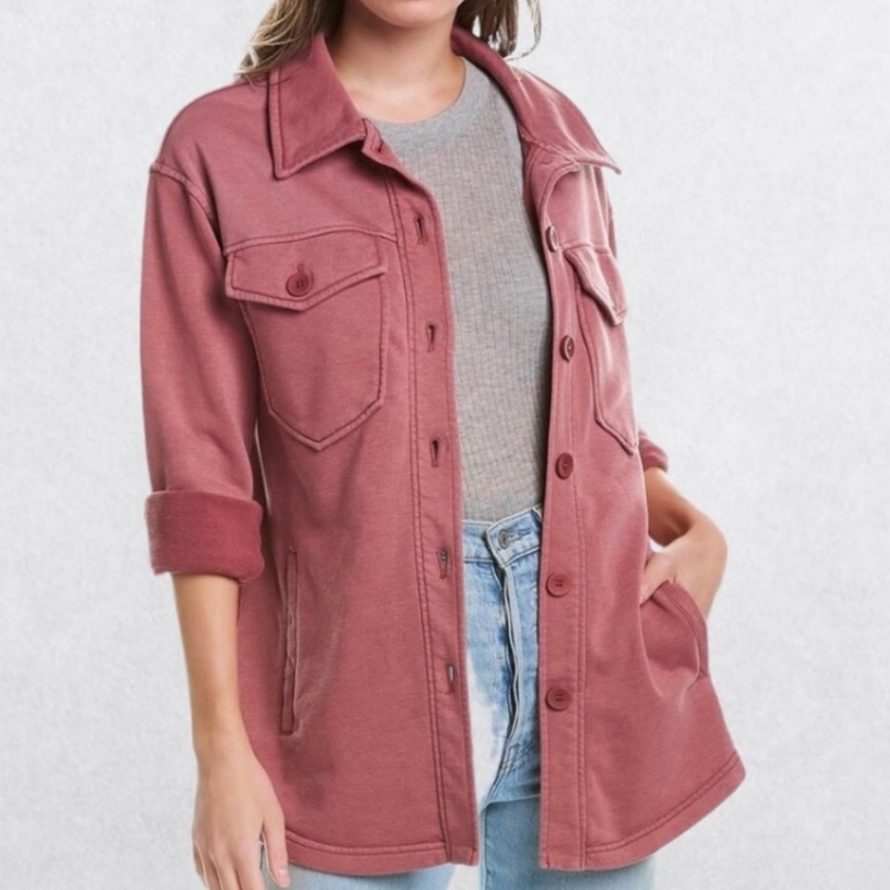 Avec Les Filles French Terry Pigment Dyed Mauve Pink Shacket Shirt Jacket